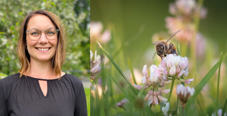 Raili Nilsson, gruppledare för Centerpartiet i Salem står bredvid en äng med gräs och klöver.